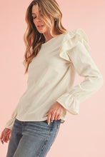 Load image into Gallery viewer, Corduroy Round Neck Ruffled Flounce Sleeve Blouse