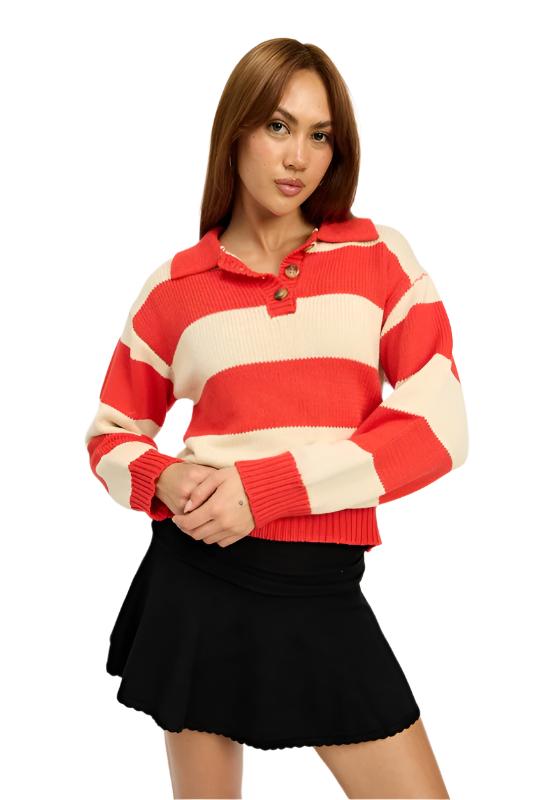 STRIPED COLLARED SWEATER TOP