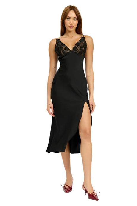 SATIN LACE CAMI MIDI DRESS WITH SLIT