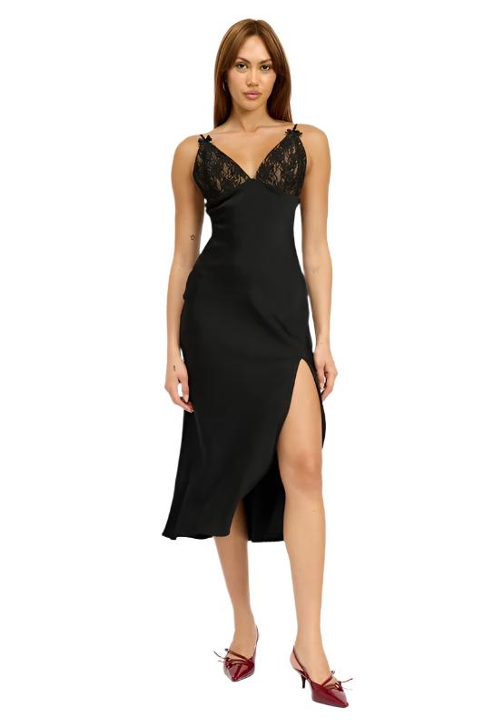 SATIN LACE CAMI MIDI DRESS WITH SLIT