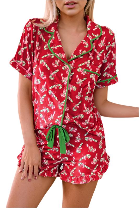 Christmas Candy Cane Print Knotted Pajama Set