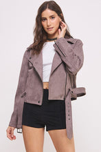 Load image into Gallery viewer, BELTED LONG SLEEVE ZIPPERED SUEDE MOTO JACKET