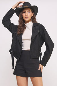 PLUS BELTED LONG SLEEVE ZIPPERED SUEDE MOTO JACKET