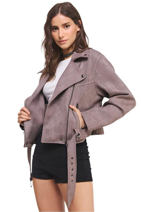 PLUS BELTED LONG SLEEVE ZIPPERED SUEDE MOTO JACKET