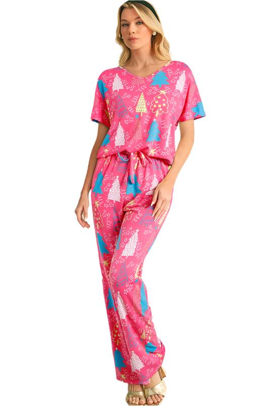 Christmas Tree Print Tee and Pants Lounge Set