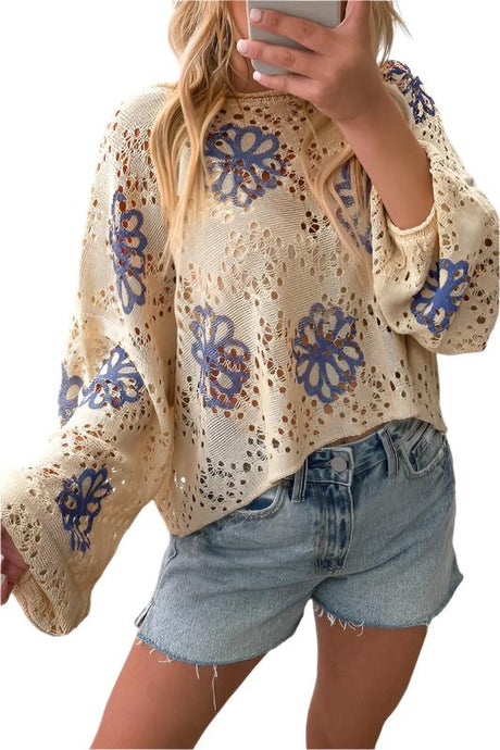Women Flower Print Eyelet Drop Shoulder Sweater