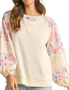 cotton Ribbed Floral Stitch Balloon Pull Over