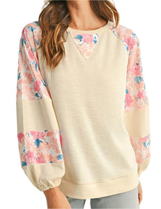 cotton Ribbed Floral Stitch Balloon Pull Over