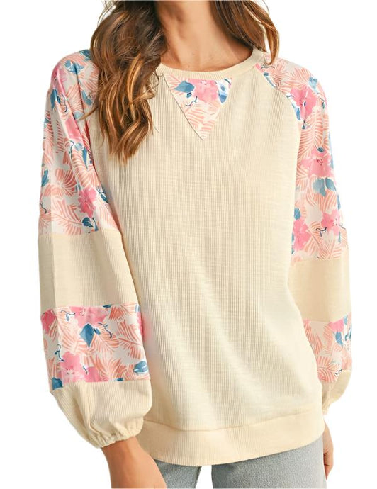 cotton Ribbed Floral Stitch Balloon Pull Over