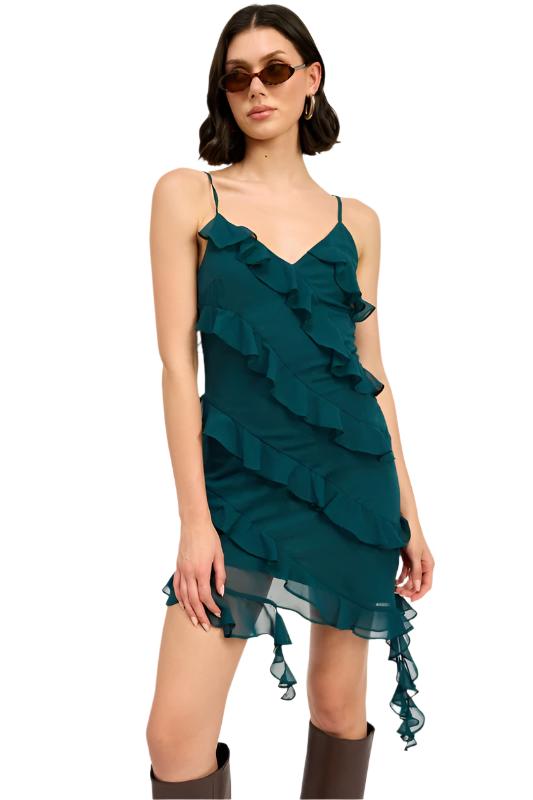 ASYMMETRICAL RUFFLE MINI DRESS