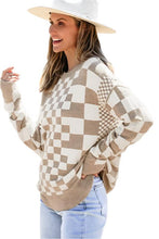 Load image into Gallery viewer, Checkered Print Drop Shoulder Round Neck Sweater