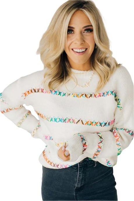 White Crossed Stitch Drop Shoulder Sweater