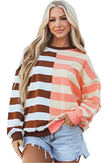 Stripe Color Block Shoulder Pullover Sweatshirt