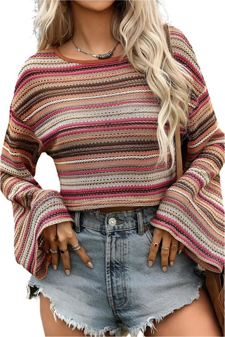 Red Ethnic Striped Wide Cropped Long Sleeve Top
