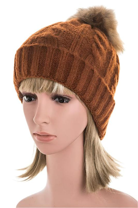 Genuine Fur Pom Cable Knit Soft Beanie