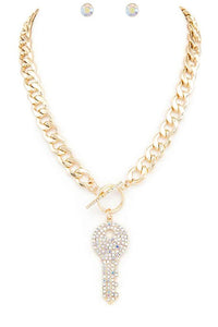 Pave Crystals Key Pendant Necklace Set