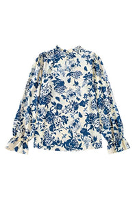 Women Floral Print Flounce Sleeve Keyhole Blouse