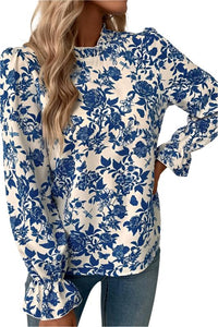 Women Floral Print Flounce Sleeve Keyhole Blouse