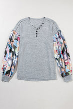 Load image into Gallery viewer, Gray Floral Lantern Sleeve Patchwork Buttoned V Neck Top