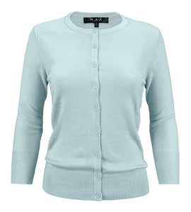 Crewneck Button Down Knit Cardigan Sweater 3/4 Sleeves