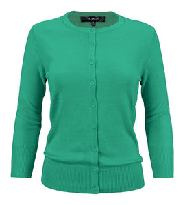 Crewneck Button Down Knit Cardigan Sweater 3/4 Sleeves