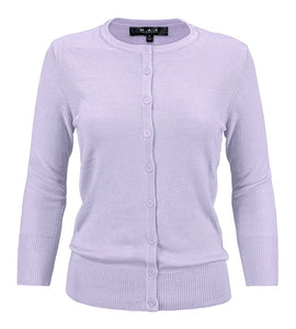 Crewneck Button Down Knit Cardigan Sweater 3/4 Sleeves