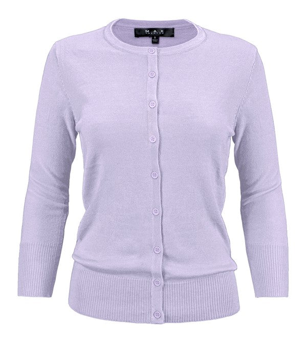 Crewneck Button Down Knit Cardigan Sweater 3/4 Sleeves