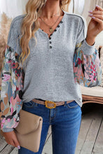 Load image into Gallery viewer, Gray Floral Lantern Sleeve Patchwork Buttoned V Neck Top