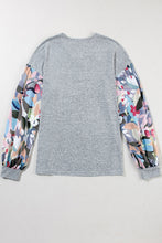 Load image into Gallery viewer, Gray Floral Lantern Sleeve Patchwork Buttoned V Neck Top
