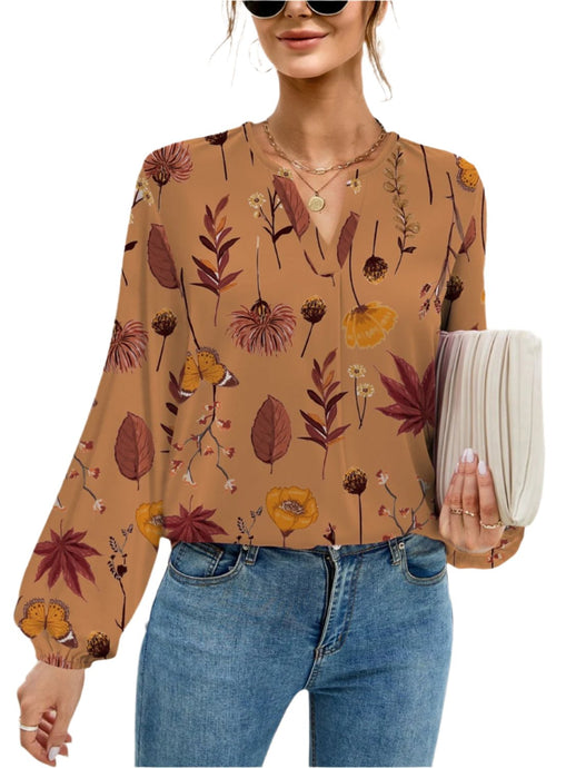 FAM-FAM Printed Notched Long Sleeve Blouse