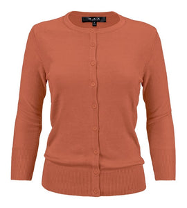 Crewneck Button Down Knit Cardigan Sweater 3/4 Sleeves