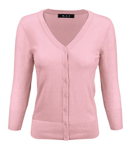 V-Neck Button Down Knit Cardigan Sweater 3/4 Sleeve