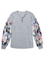 Load image into Gallery viewer, Gray Floral Lantern Sleeve Patchwork Buttoned V Neck Top