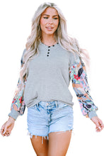Load image into Gallery viewer, Gray Floral Lantern Sleeve Patchwork Buttoned V Neck Top