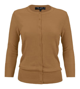 Crewneck Button Down Knit Cardigan Sweater 3/4 Sleeves