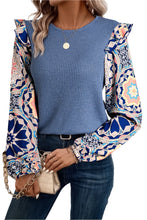 Load image into Gallery viewer, Ruffled Printed Round Neck Long Sleeve Top