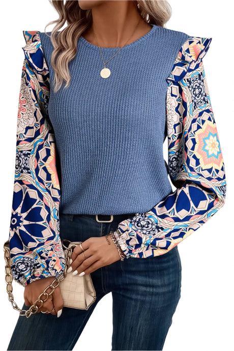 Ruffled Printed Round Neck Long Sleeve Top
