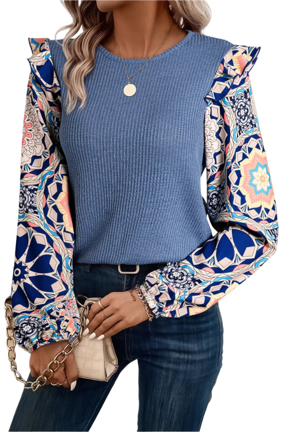 Ruffled Printed Round Neck Long Sleeve Top