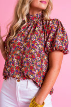 Load image into Gallery viewer, Purple Floral Print Knotted High Neck Puff Sleeve Blouse