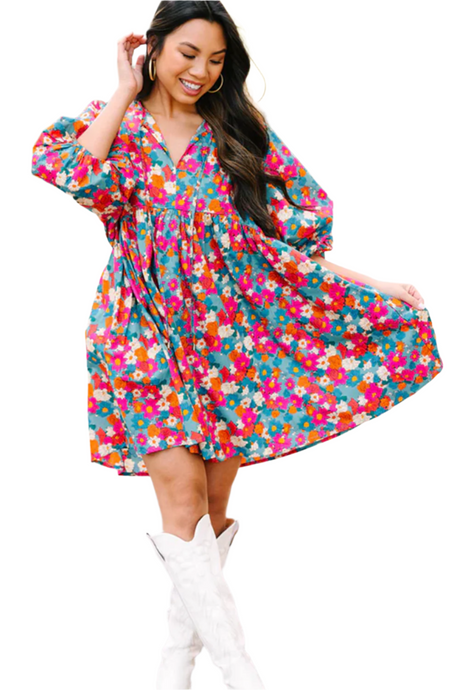 Sky Blue Floral Print Tie Split Neck Bubble Sleeve Babydoll Dress