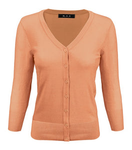 V-Neck Button Down Knit Cardigan Sweater 3/4 Sleeve
