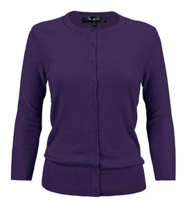 Crewneck Button Down Knit Cardigan Sweater 3/4 Sleeves