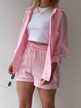 Load image into Gallery viewer, Texture Button Up Shirt and Drawstring Shorts Set