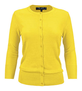 Crewneck Button Down Knit Cardigan Sweater 3/4 Sleeves