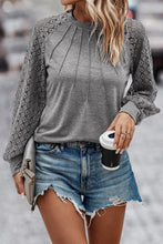 Load image into Gallery viewer, Gray Contrast Lace Raglan Sleeve Plicated Knit Top