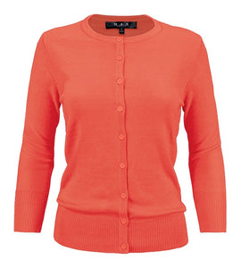 Crewneck Button Down Knit Cardigan Sweater 3/4 Sleeves