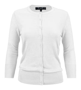 Crewneck Button Down Knit Cardigan Sweater 3/4 Sleeves