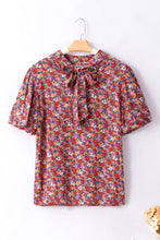 Load image into Gallery viewer, Purple Floral Print Knotted High Neck Puff Sleeve Blouse
