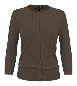 Crewneck Button Down Knit Cardigan Sweater 3/4 Sleeves