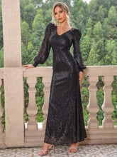 Load image into Gallery viewer, Sequin V-Neck Lantern Sleeve Maxi Dress